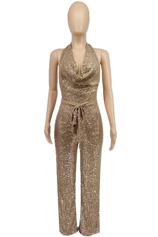 JX172 Sequins Halter Party Jumpsuits