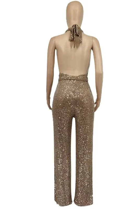 JX172 Sequins Halter Party Jumpsuits