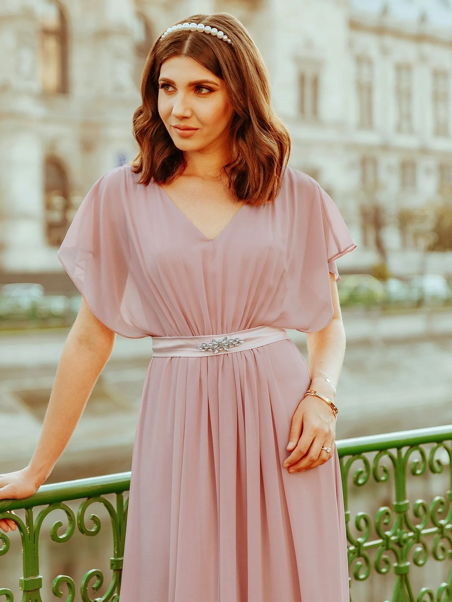 Maxi Long Flowy Chiffon Evening Dress with Short Sleeve