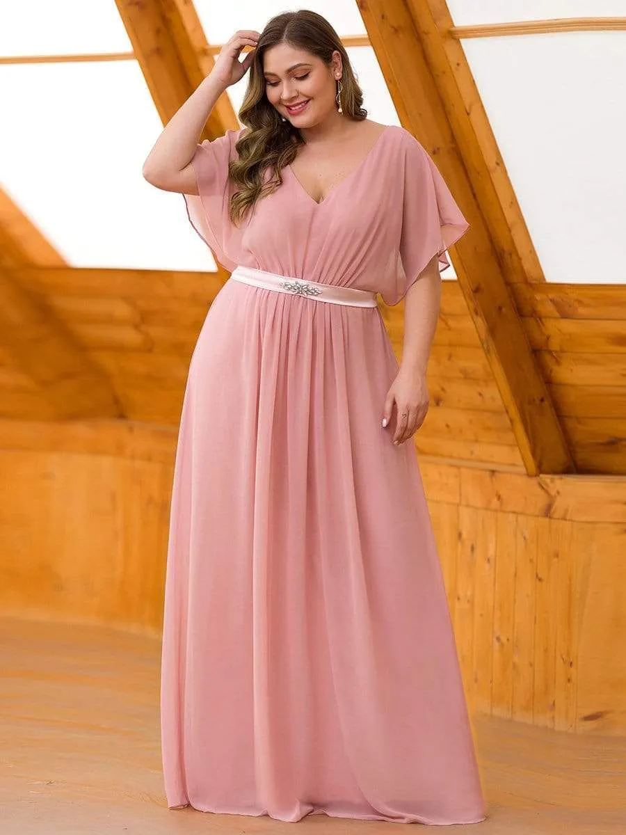 Maxi Long Flowy Chiffon Evening Dress with Short Sleeve