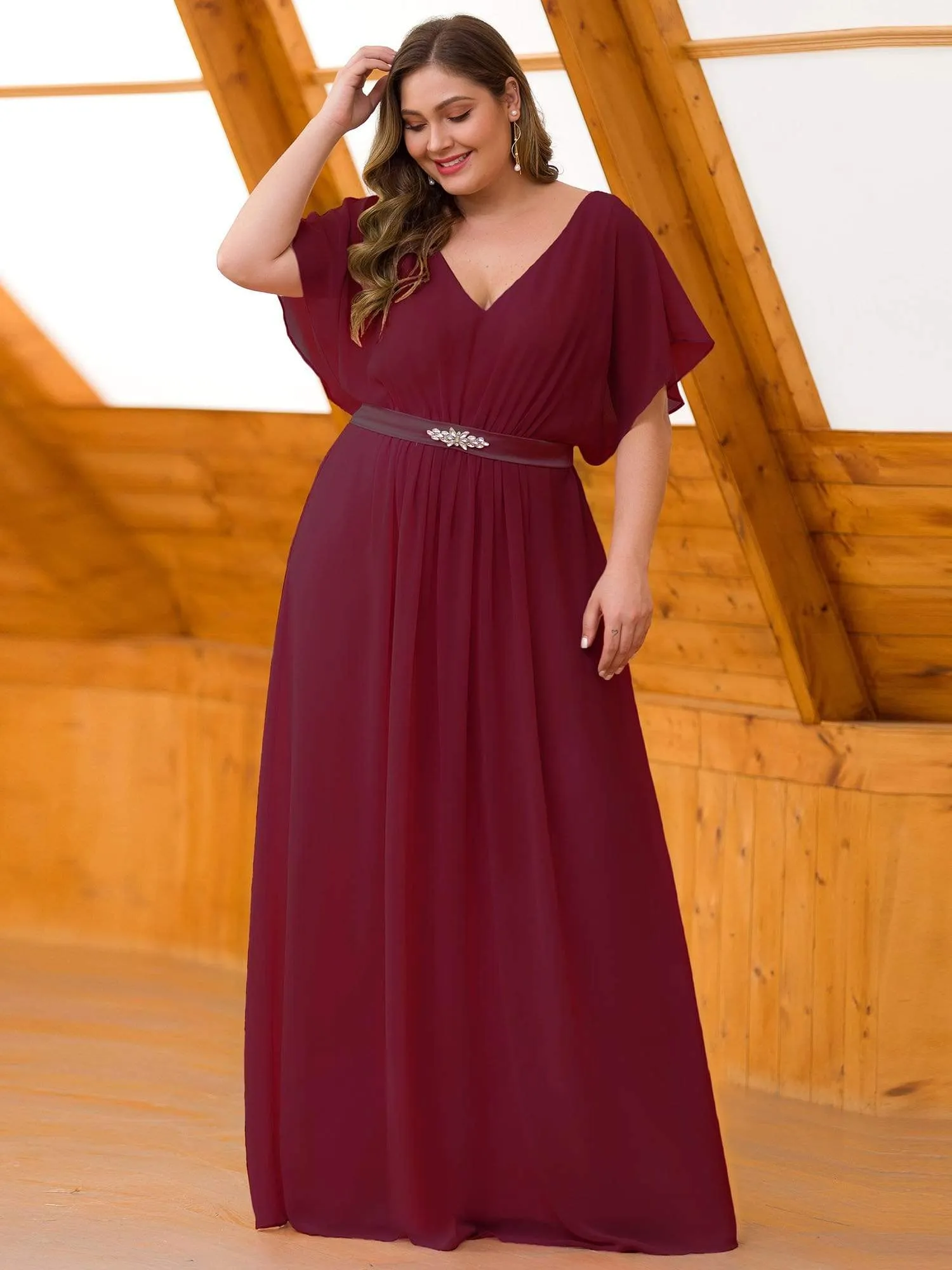 Maxi Long Flowy Chiffon Evening Dress with Short Sleeve