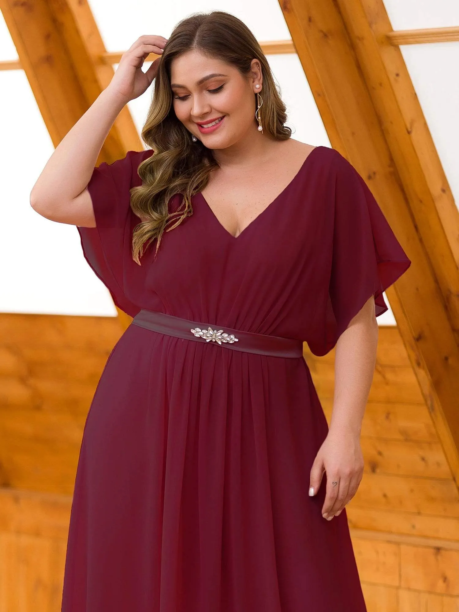 Maxi Long Flowy Chiffon Evening Dress with Short Sleeve