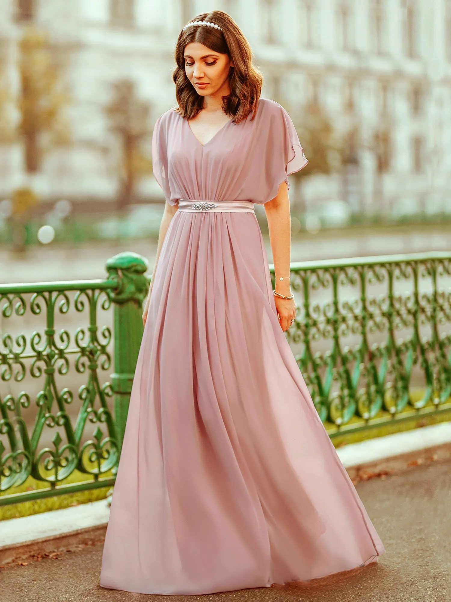 Maxi Long Flowy Chiffon Evening Dress with Short Sleeve