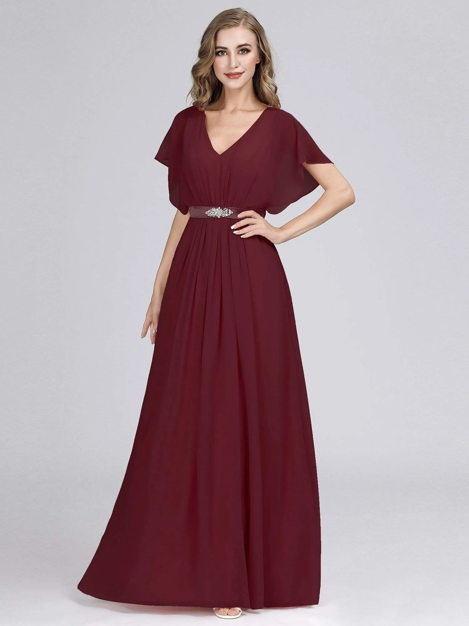 Maxi Long Flowy Chiffon Evening Dress with Short Sleeve