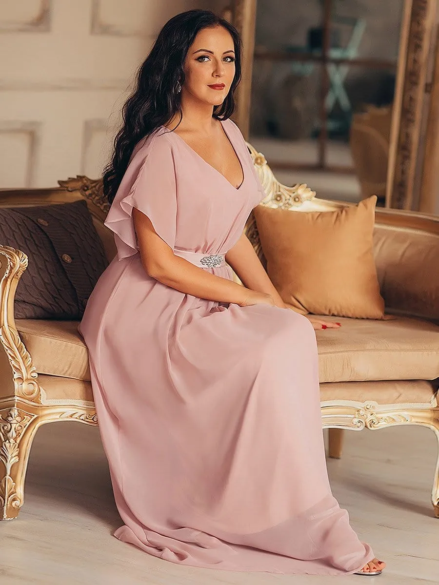 Maxi Long Flowy Chiffon Evening Dress with Short Sleeve