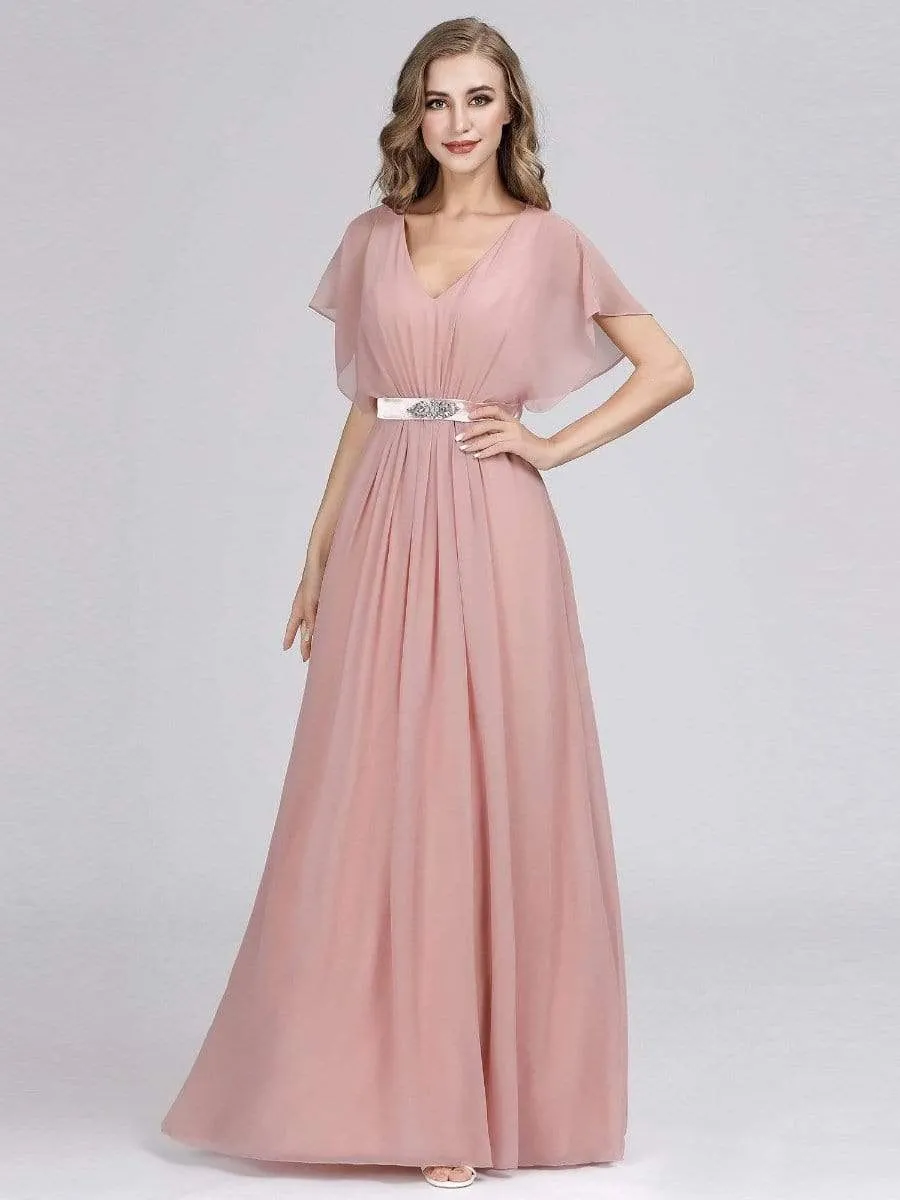 Maxi Long Flowy Chiffon Evening Dress with Short Sleeve