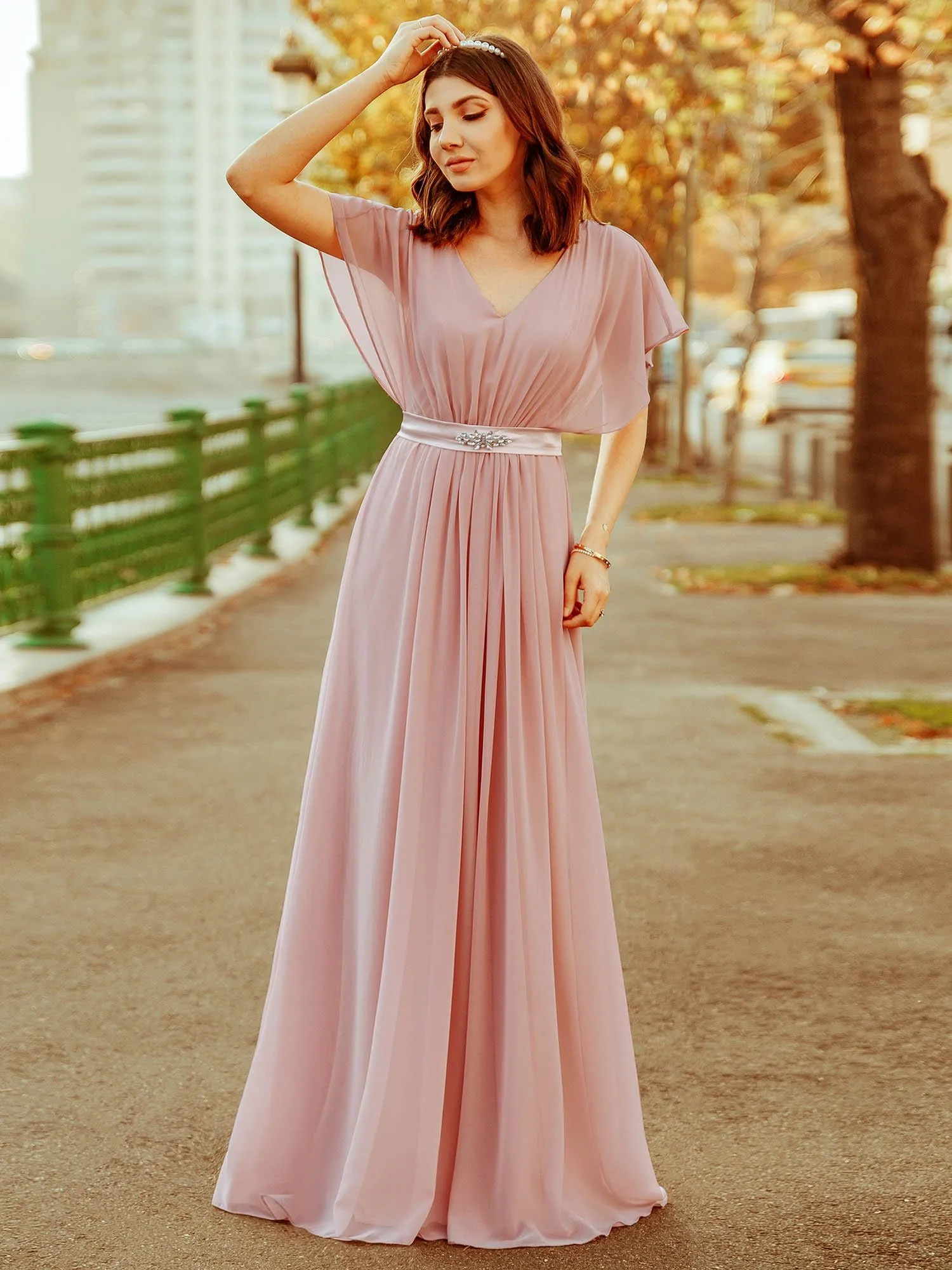 Maxi Long Flowy Chiffon Evening Dress with Short Sleeve