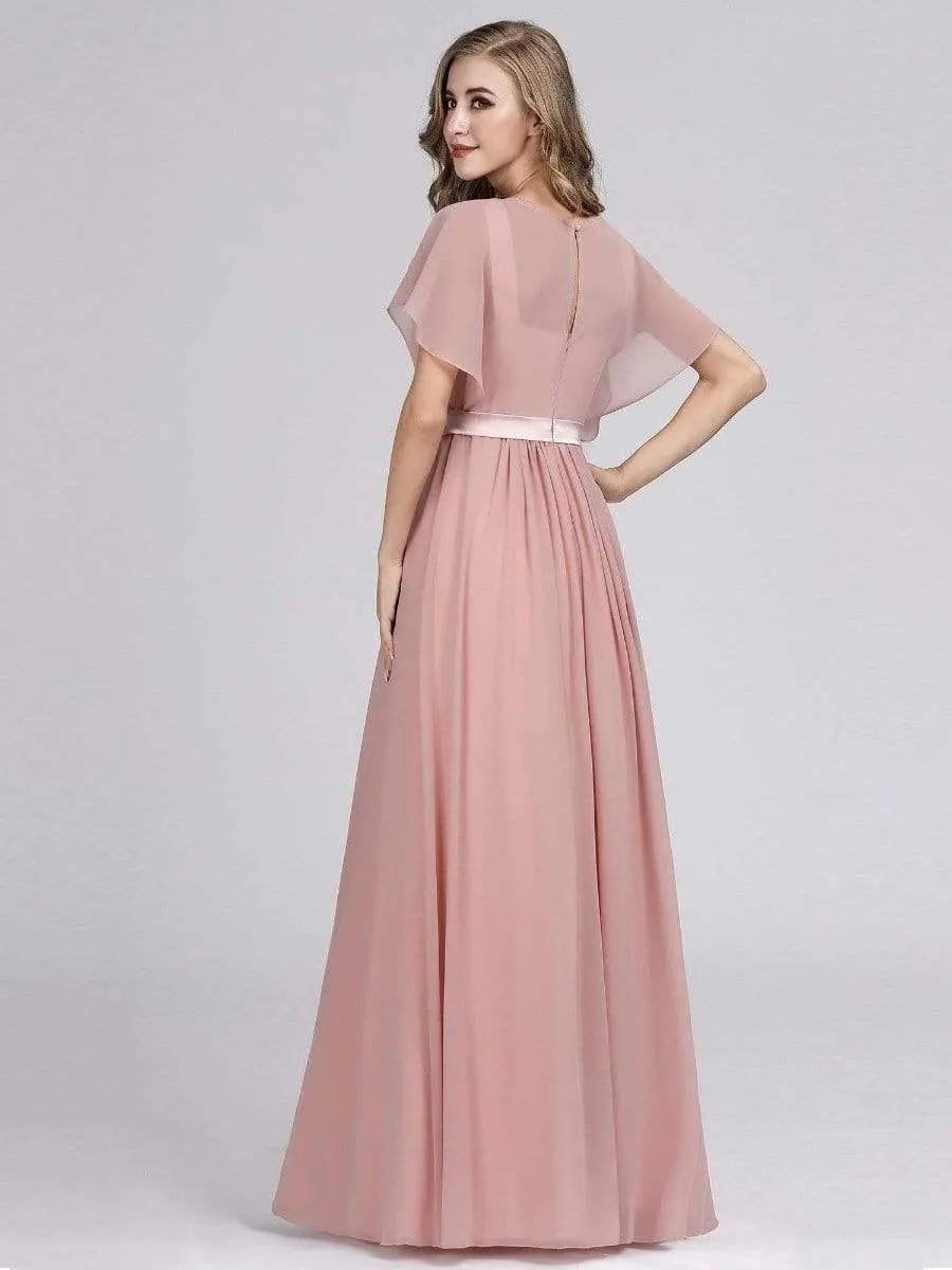 Maxi Long Flowy Chiffon Evening Dress with Short Sleeve