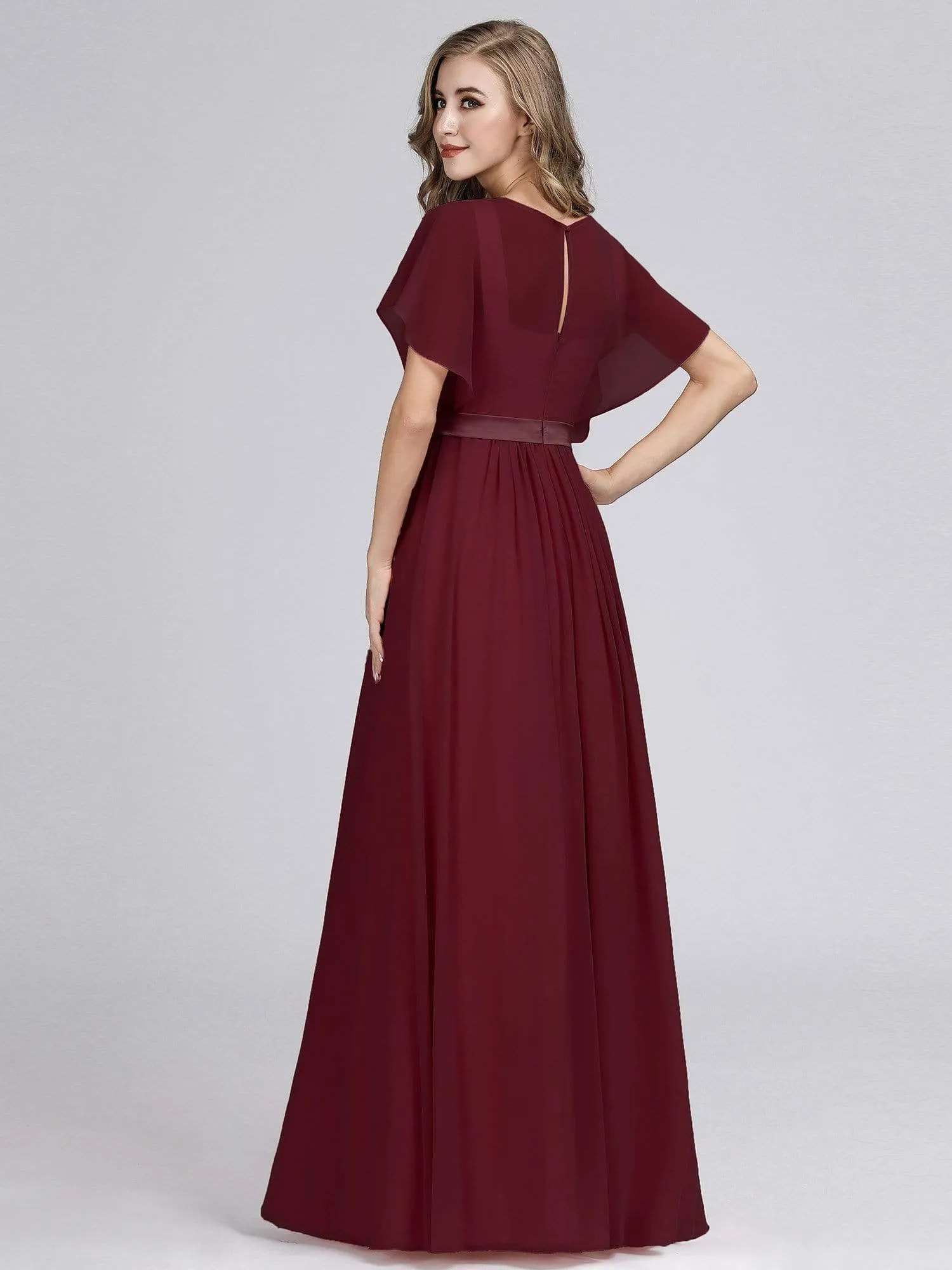 Maxi Long Flowy Chiffon Evening Dress with Short Sleeve