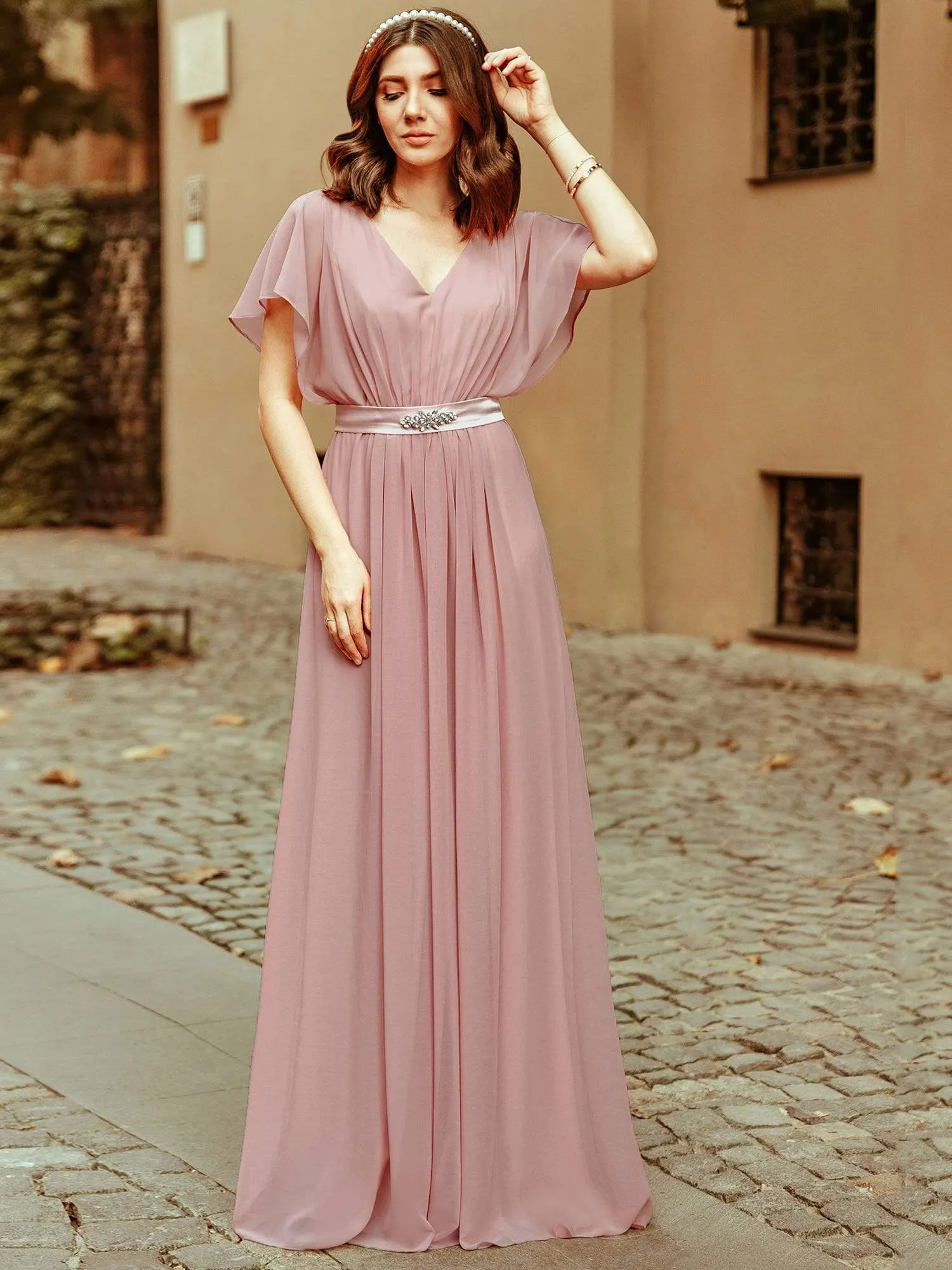 Maxi Long Flowy Chiffon Evening Dress with Short Sleeve