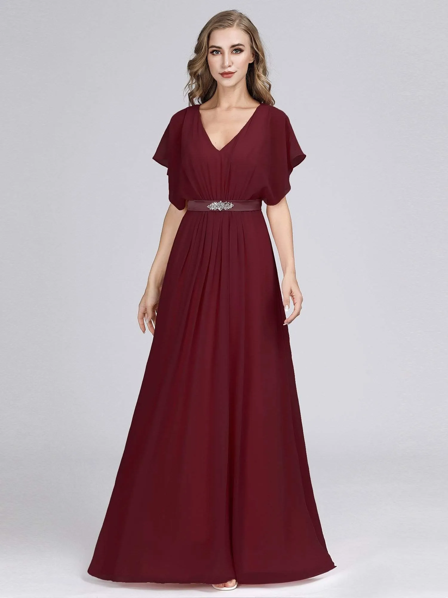 Maxi Long Flowy Chiffon Evening Dress with Short Sleeve