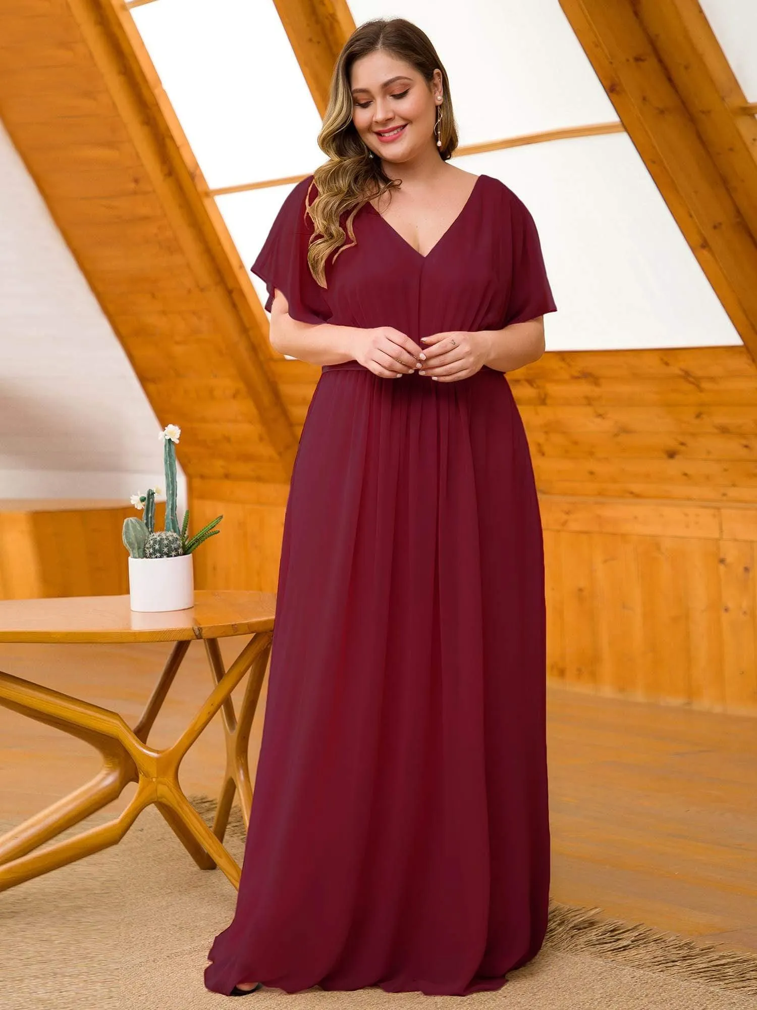 Maxi Long Flowy Chiffon Evening Dress with Short Sleeve