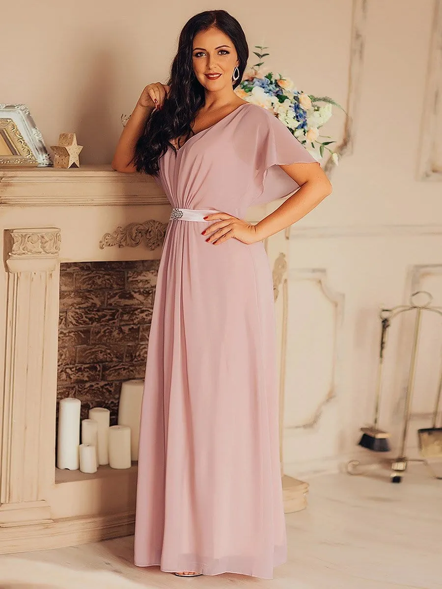 Maxi Long Flowy Chiffon Evening Dress with Short Sleeve