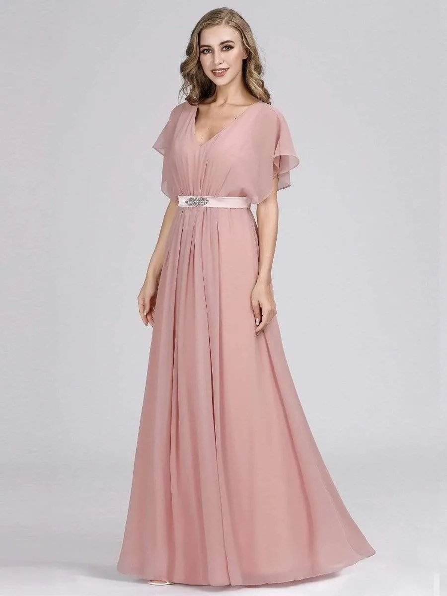 Maxi Long Flowy Chiffon Evening Dress with Short Sleeve