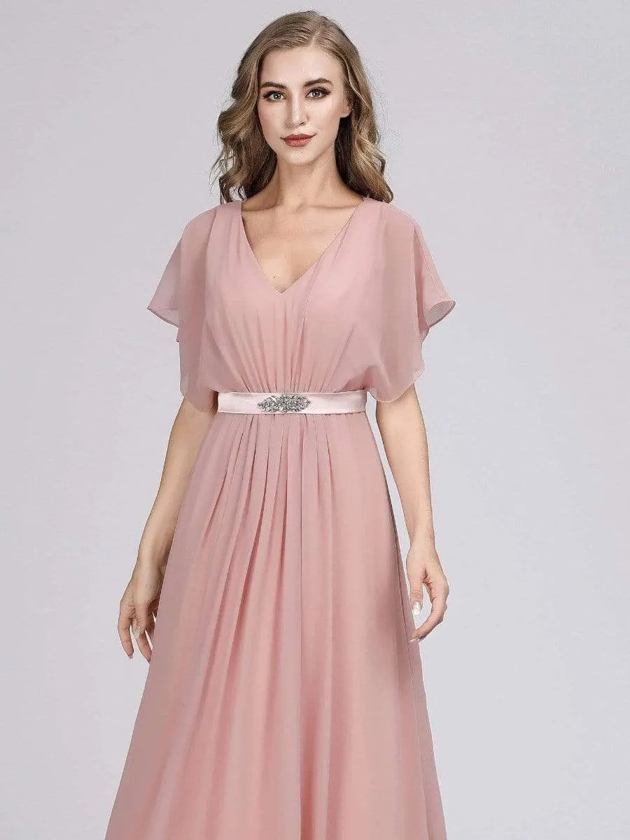 Maxi Long Flowy Chiffon Evening Dress with Short Sleeve
