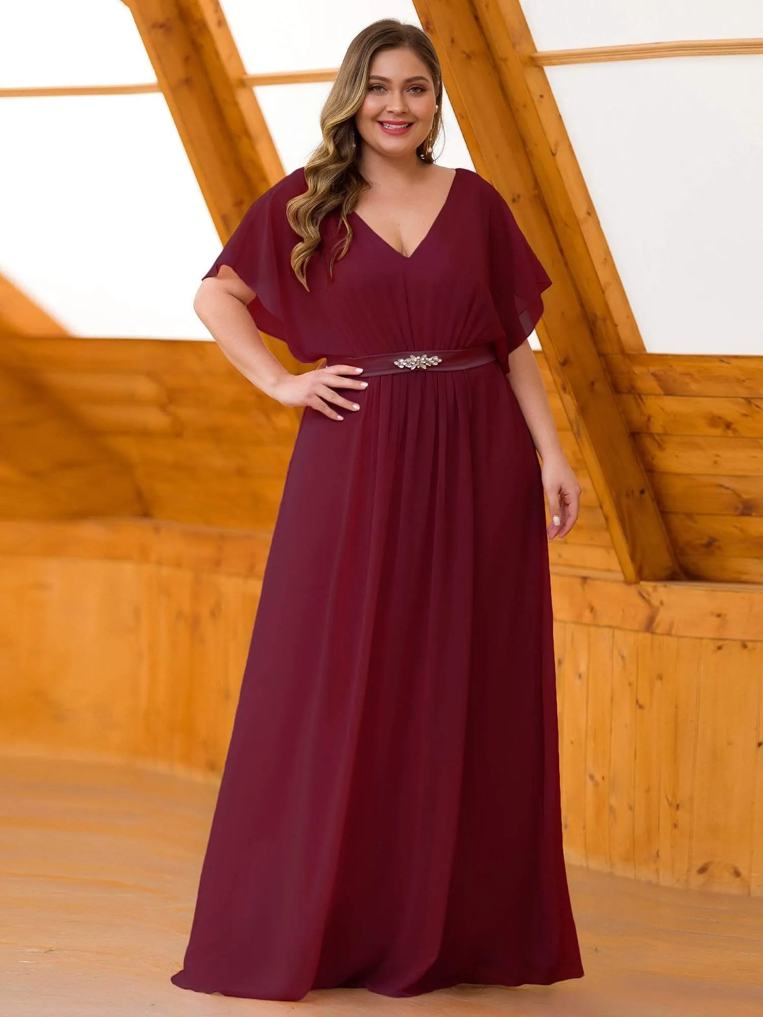 Maxi Long Flowy Chiffon Evening Dress with Short Sleeve