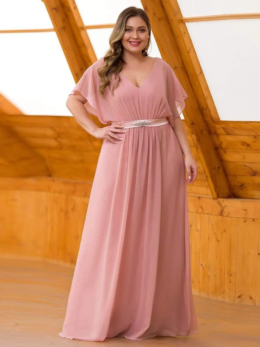 Maxi Long Flowy Chiffon Evening Dress with Short Sleeve