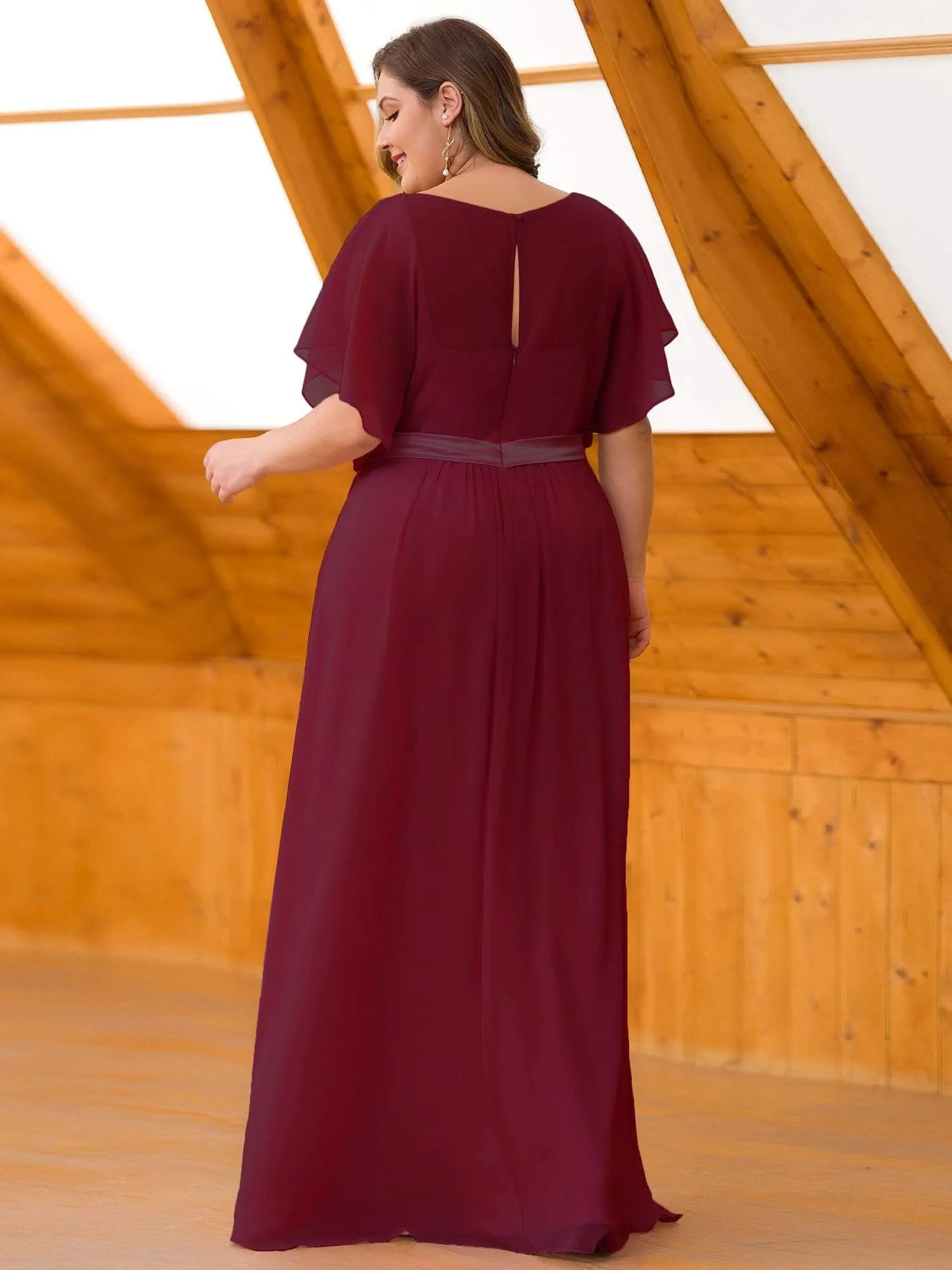 Maxi Long Flowy Chiffon Evening Dress with Short Sleeve
