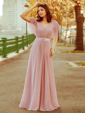 Maxi Long Flowy Chiffon Evening Dress with Short Sleeve