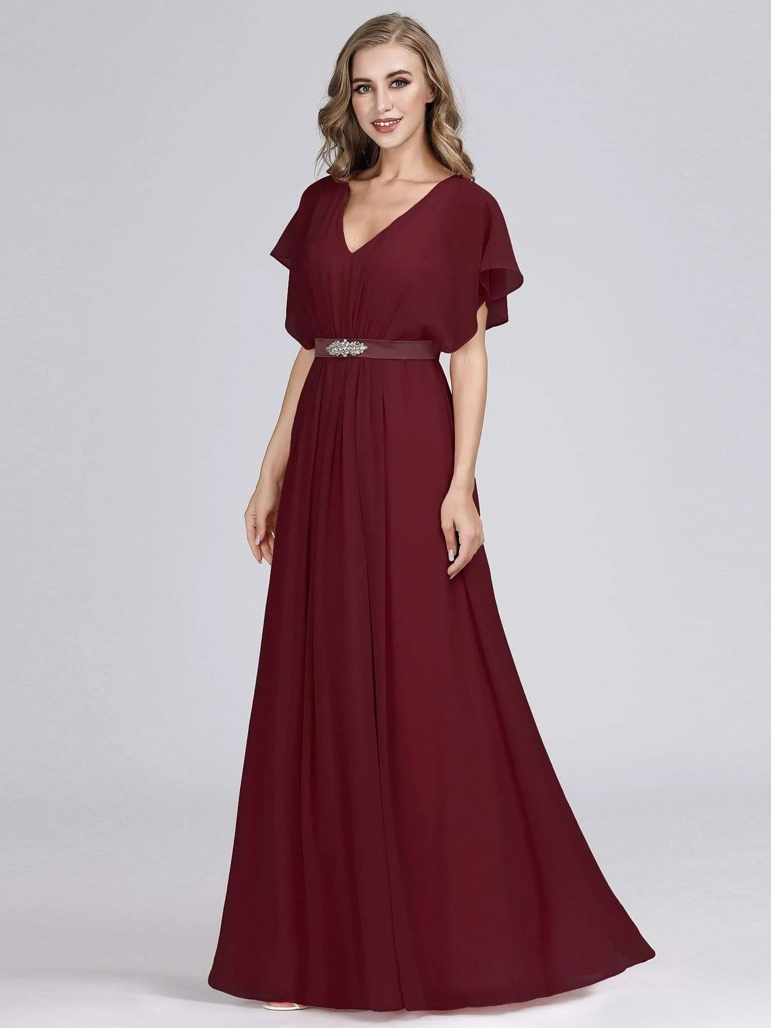 Maxi Long Flowy Chiffon Evening Dress with Short Sleeve