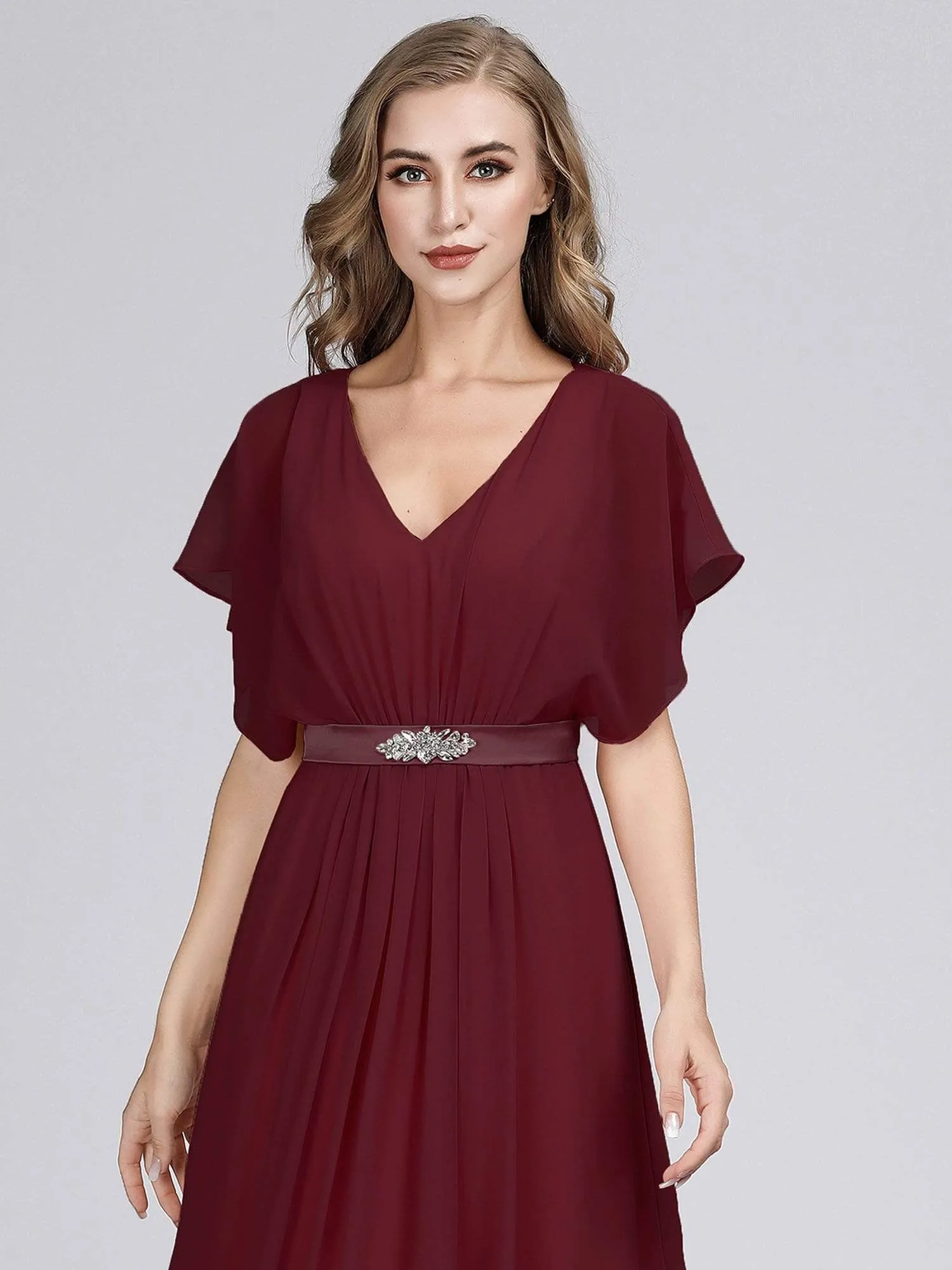Maxi Long Flowy Chiffon Evening Dress with Short Sleeve