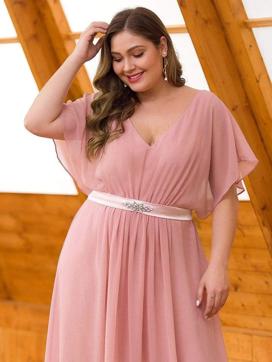 Maxi Long Flowy Chiffon Evening Dress with Short Sleeve