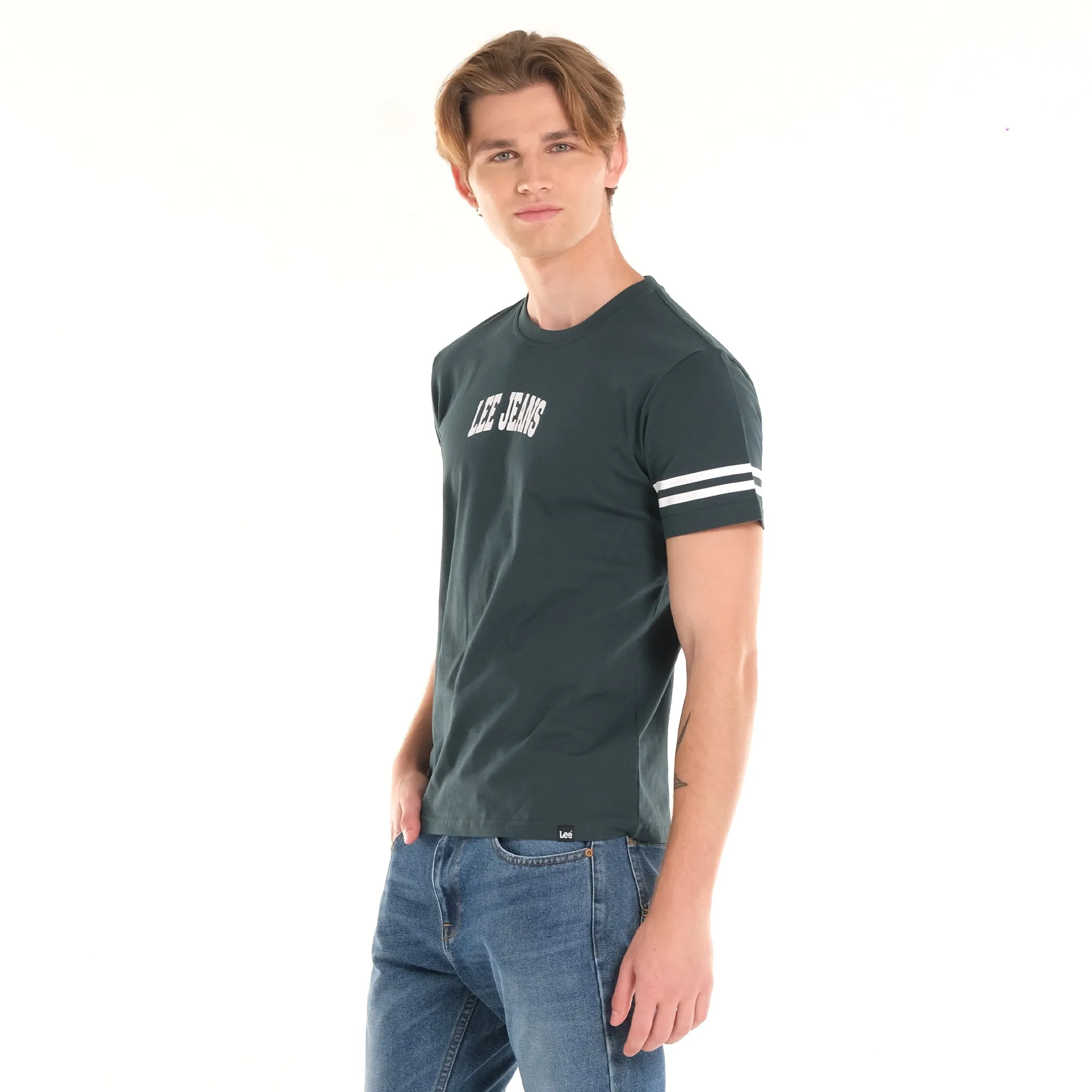MENS' BASIC LOGO TEE WITH STRIPES ON SLEEVES