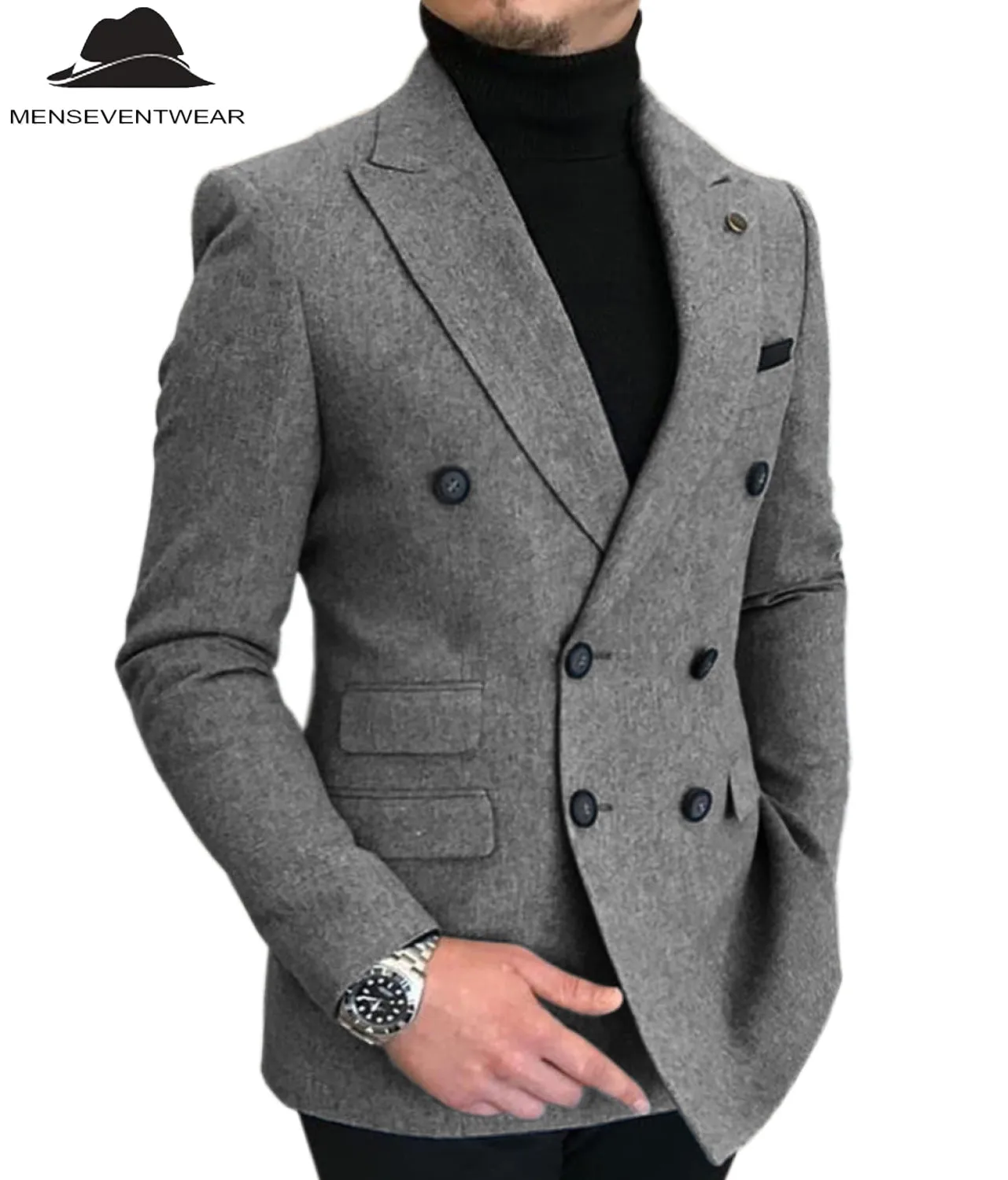 Men's Casual Tweed Notch Lapel Blazer