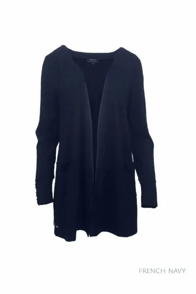 MERINO LONG CARDIGAN WITH POCKETS & BUTTON CUFF/HEM LONG SLEEVES FRENCH NAVY
