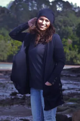 MERINO LONG CARDIGAN WITH POCKETS & BUTTON CUFF/HEM LONG SLEEVES FRENCH NAVY