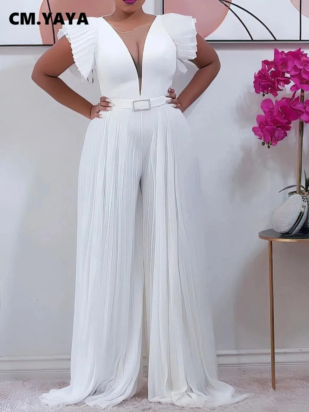 Mesh Patchwork  V-neck Flare Sleeve Jumpsuit