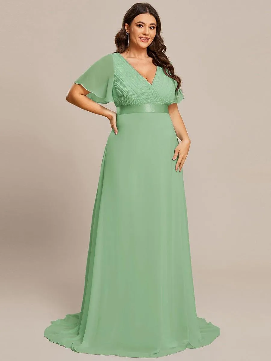 Monica | Plus Size Empire Waist V Back Bridesmaid Dress with Short Sleeves