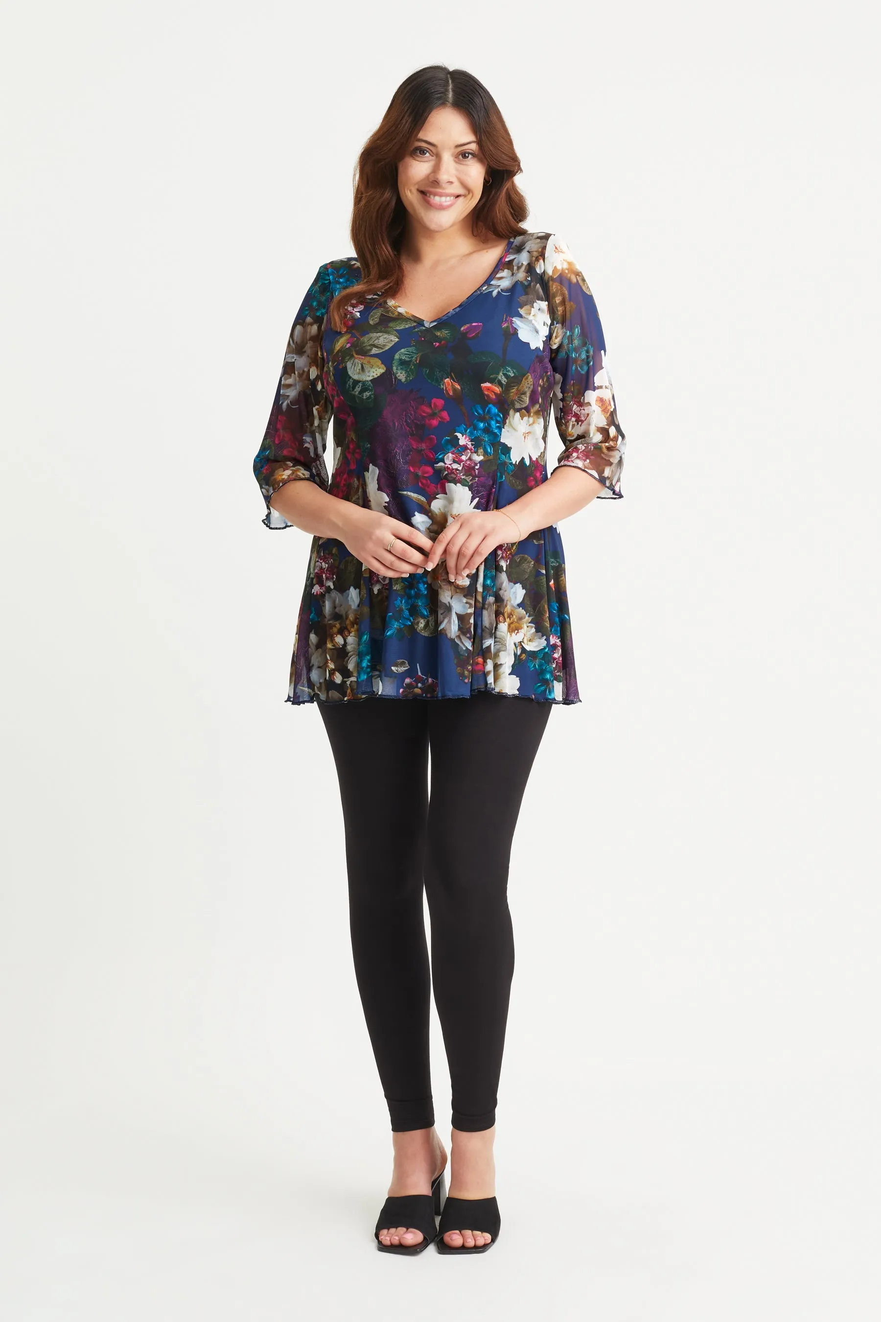Navy Flower V Neck Tunic