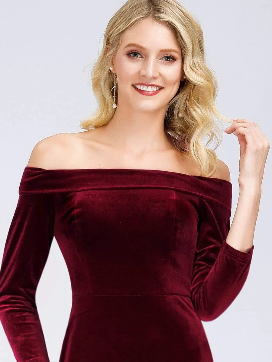 Off the Shoulder Velvet Evening Maxi Dress with Long Sleeve