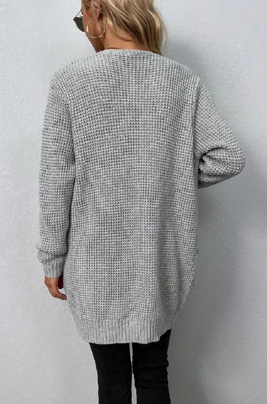 Open Front Waffle Sweater Cardigan