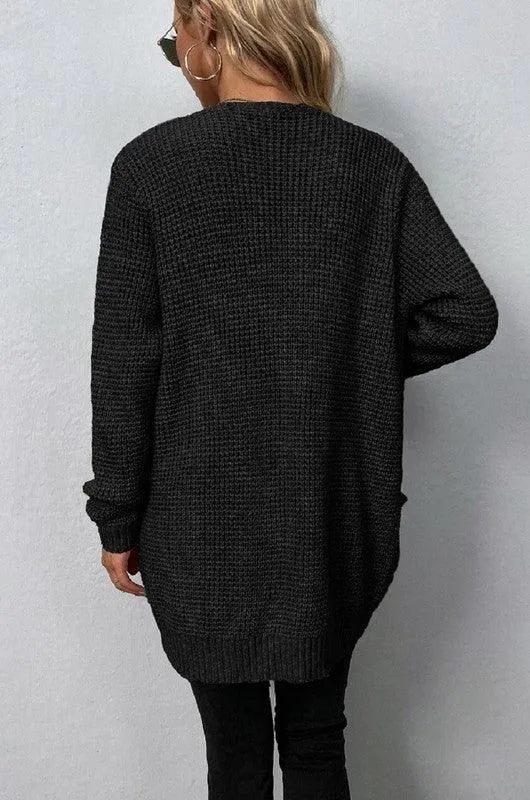 Open Front Waffle Sweater Cardigan