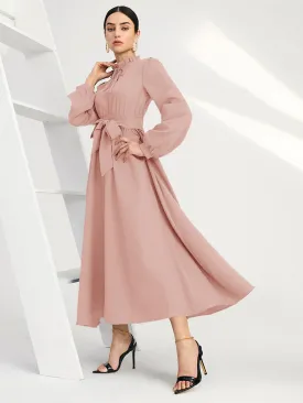 Plain Belted Long Sleeve Tie Neck Flared High Waist Long Dress