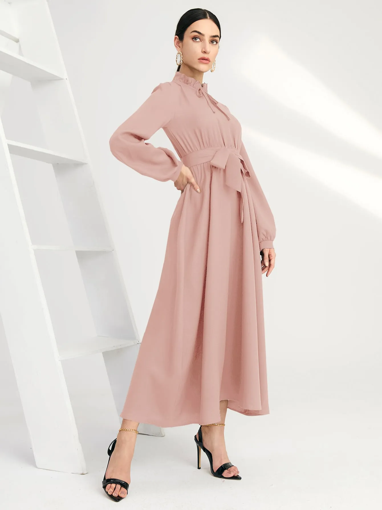 Plain Belted Long Sleeve Tie Neck Flared High Waist Long Dress