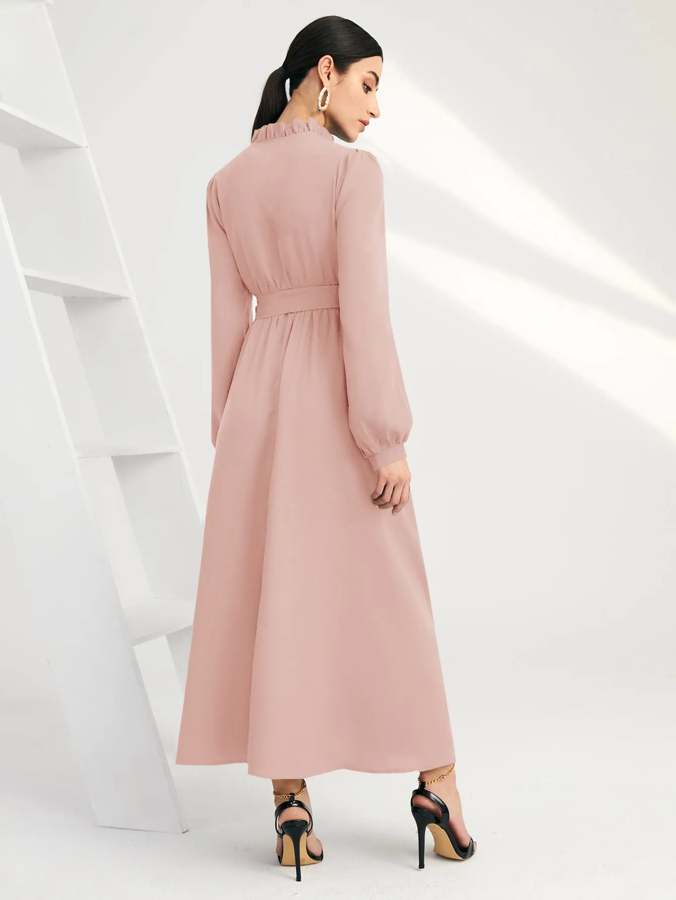 Plain Belted Long Sleeve Tie Neck Flared High Waist Long Dress
