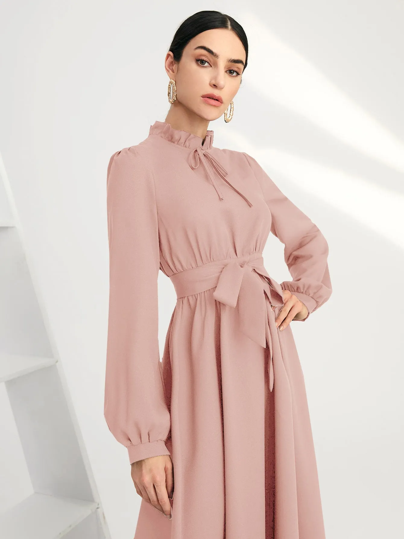 Plain Belted Long Sleeve Tie Neck Flared High Waist Long Dress