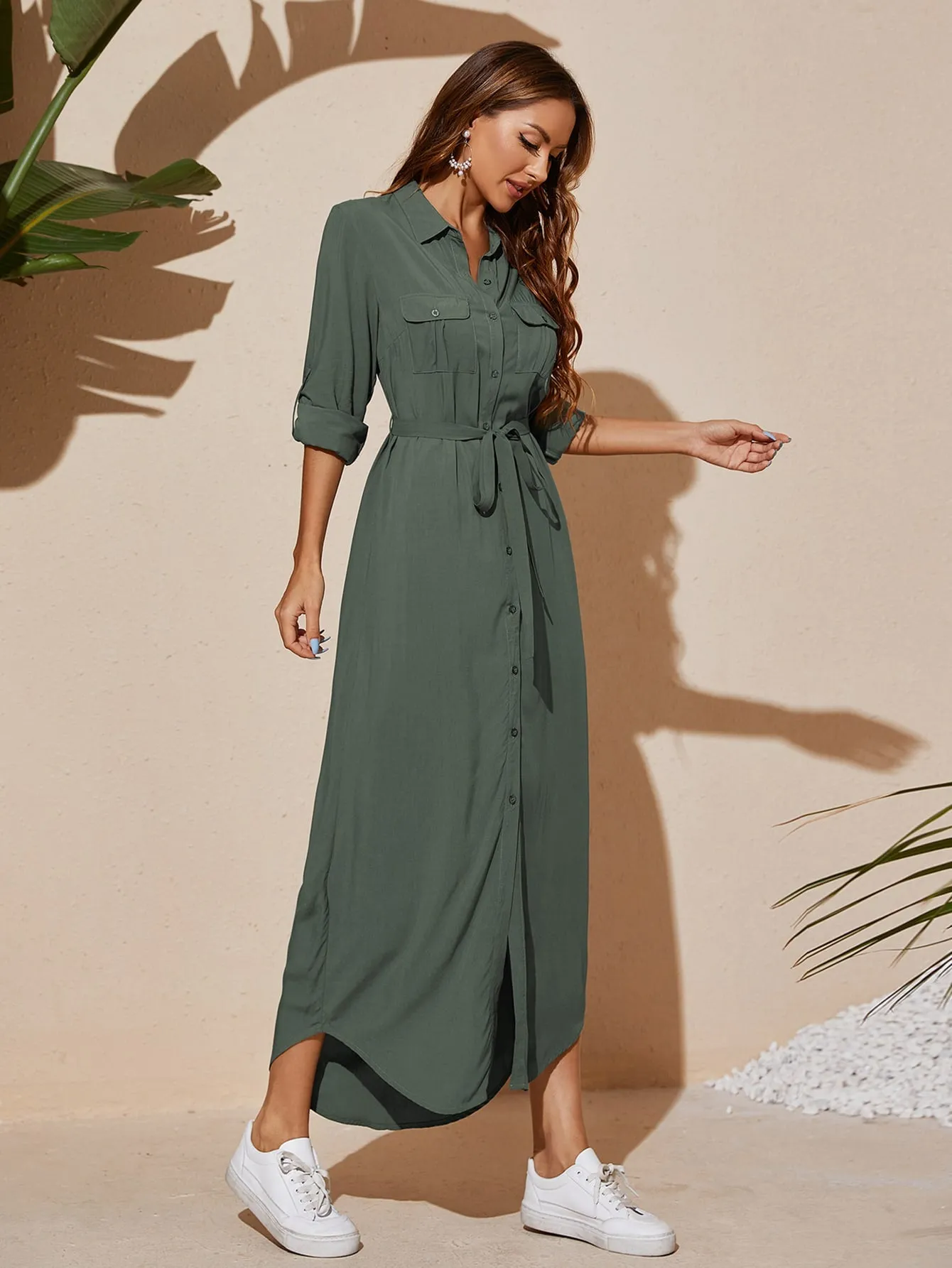 Plain Pocket Long Sleeve Collar Straight High Waist Long Dress