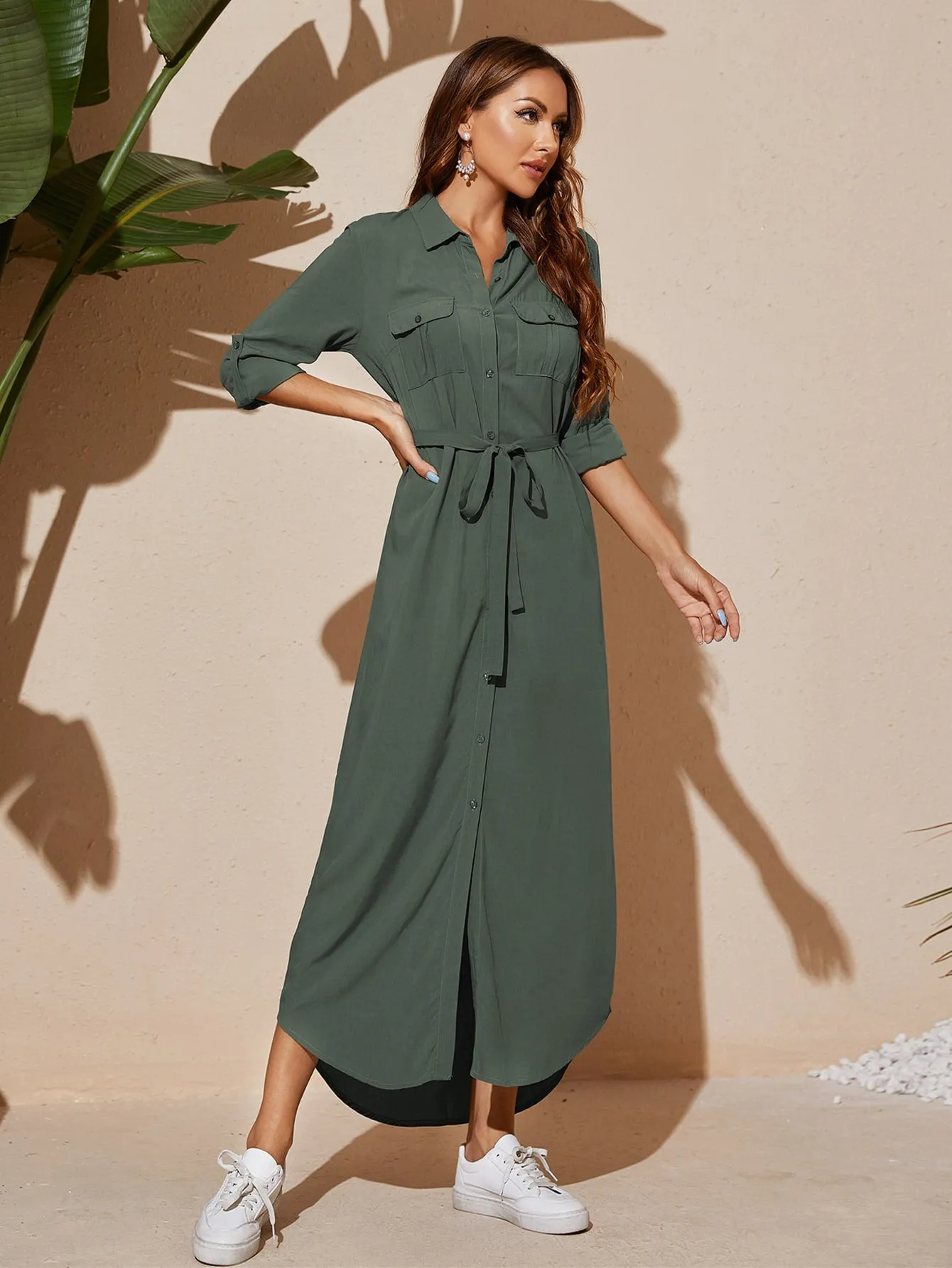 Plain Pocket Long Sleeve Collar Straight High Waist Long Dress