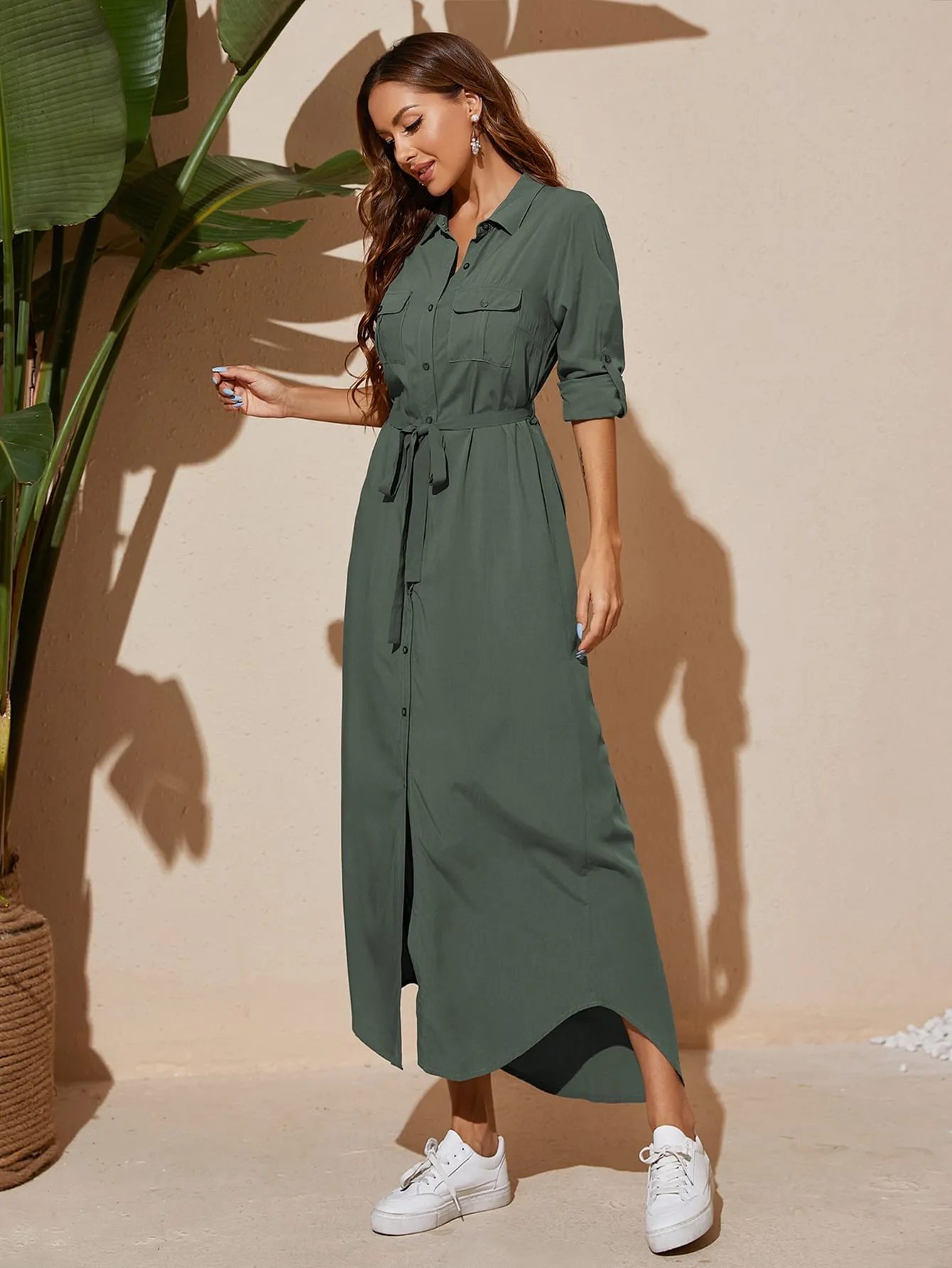 Plain Pocket Long Sleeve Collar Straight High Waist Long Dress