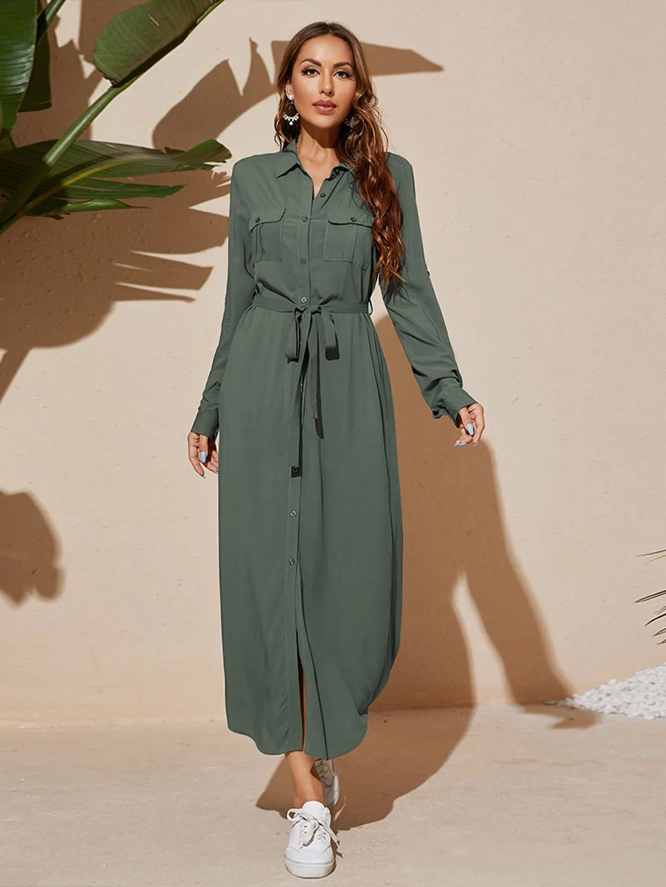 Plain Pocket Long Sleeve Collar Straight High Waist Long Dress