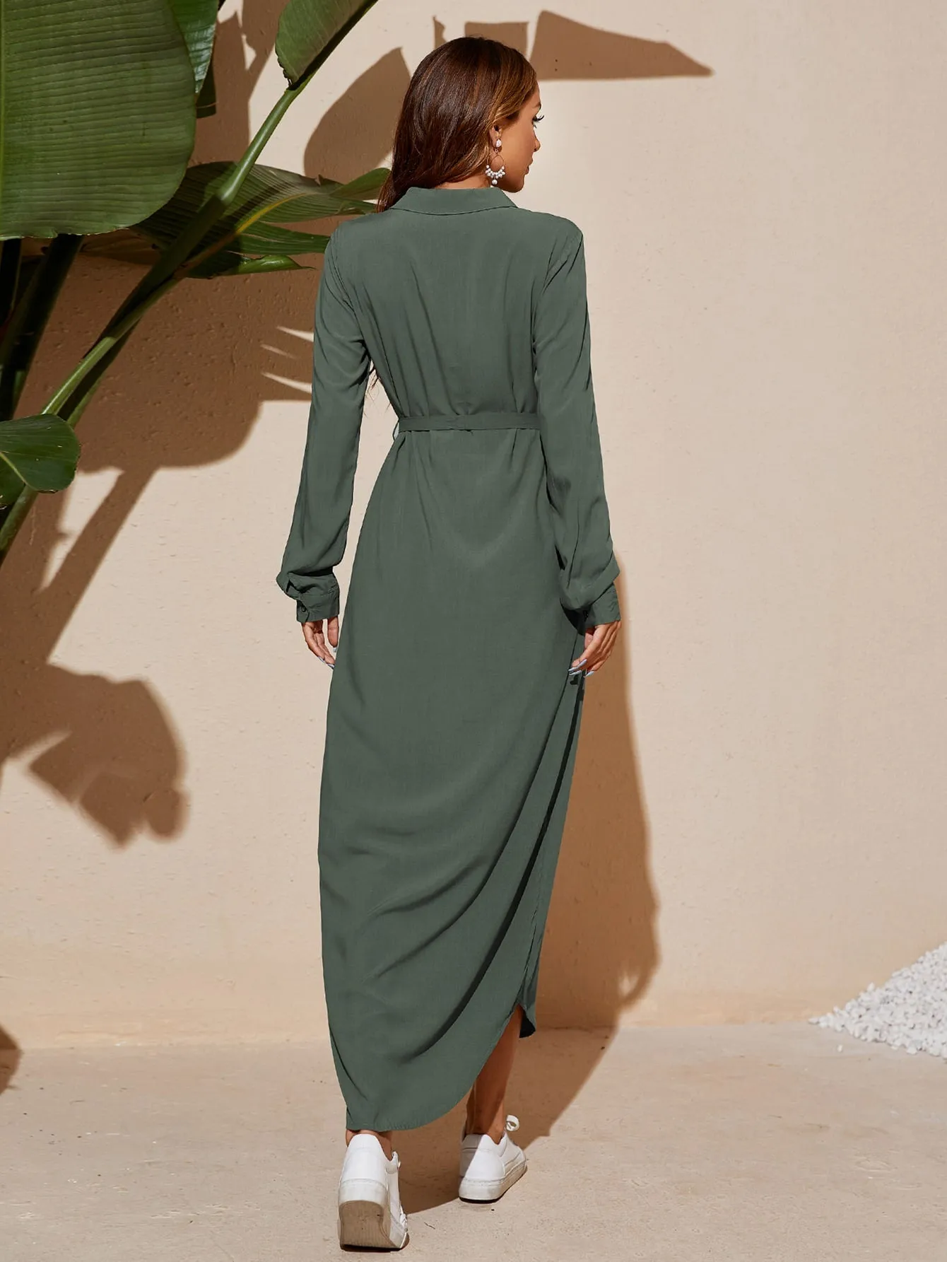 Plain Pocket Long Sleeve Collar Straight High Waist Long Dress
