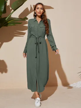 Plain Pocket Long Sleeve Collar Straight High Waist Long Dress