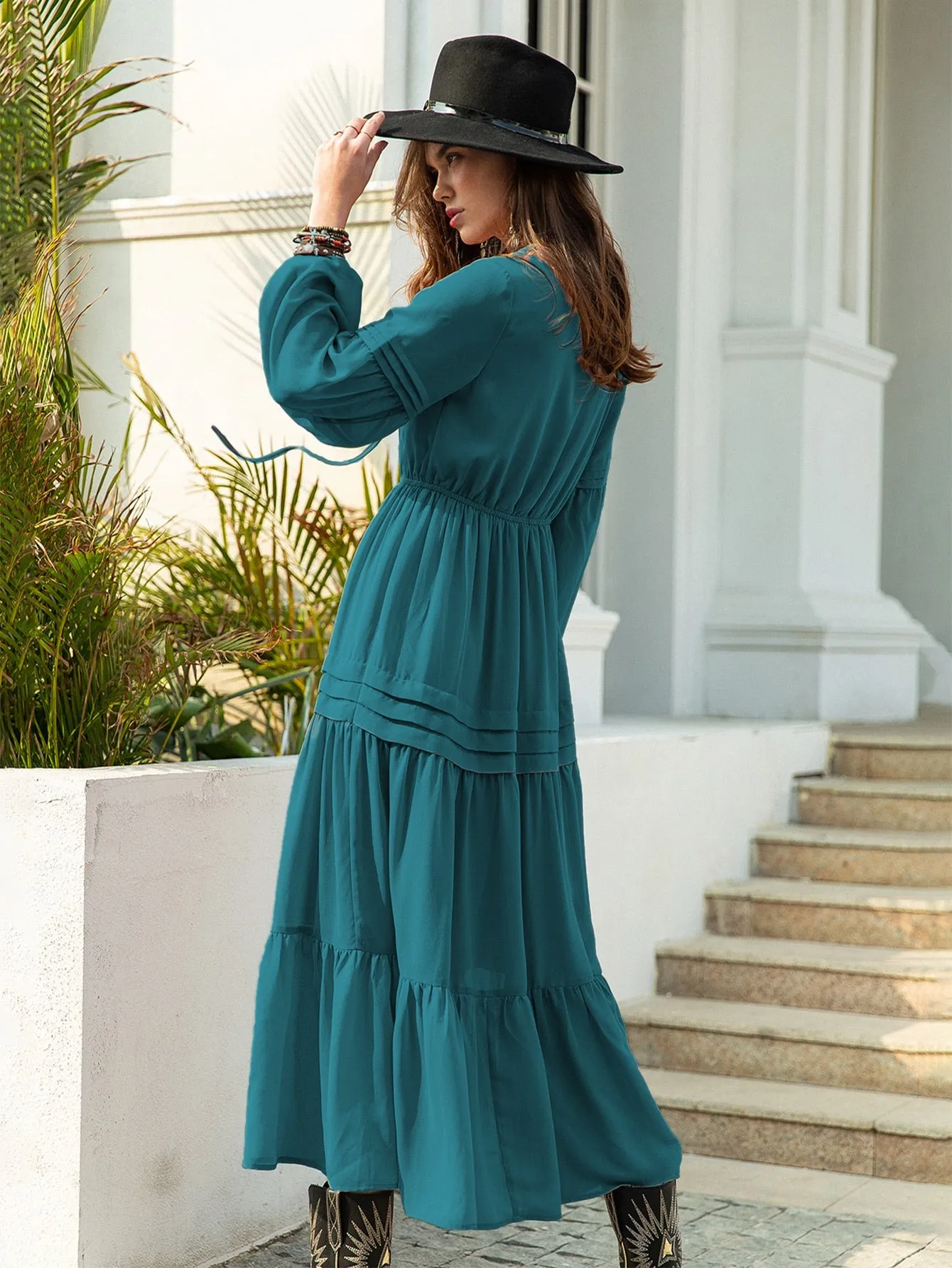 Plain Ruffle Hem Long Sleeve V Neck Flounce High Waist Long Womens Dress