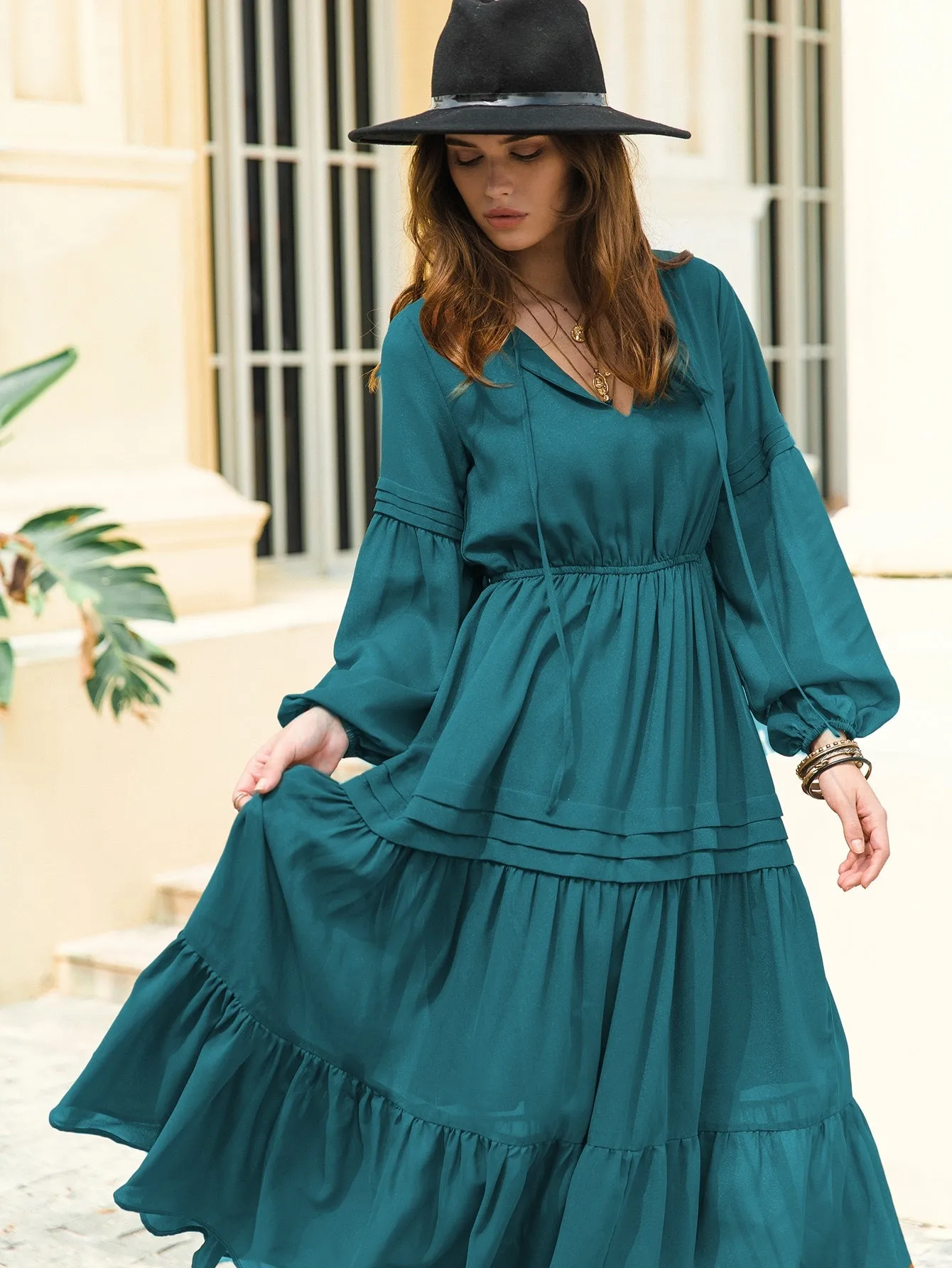 Plain Ruffle Hem Long Sleeve V Neck Flounce High Waist Long Womens Dress