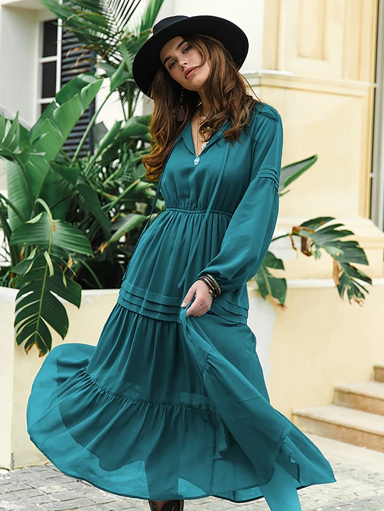 Plain Ruffle Hem Long Sleeve V Neck Flounce High Waist Long Womens Dress