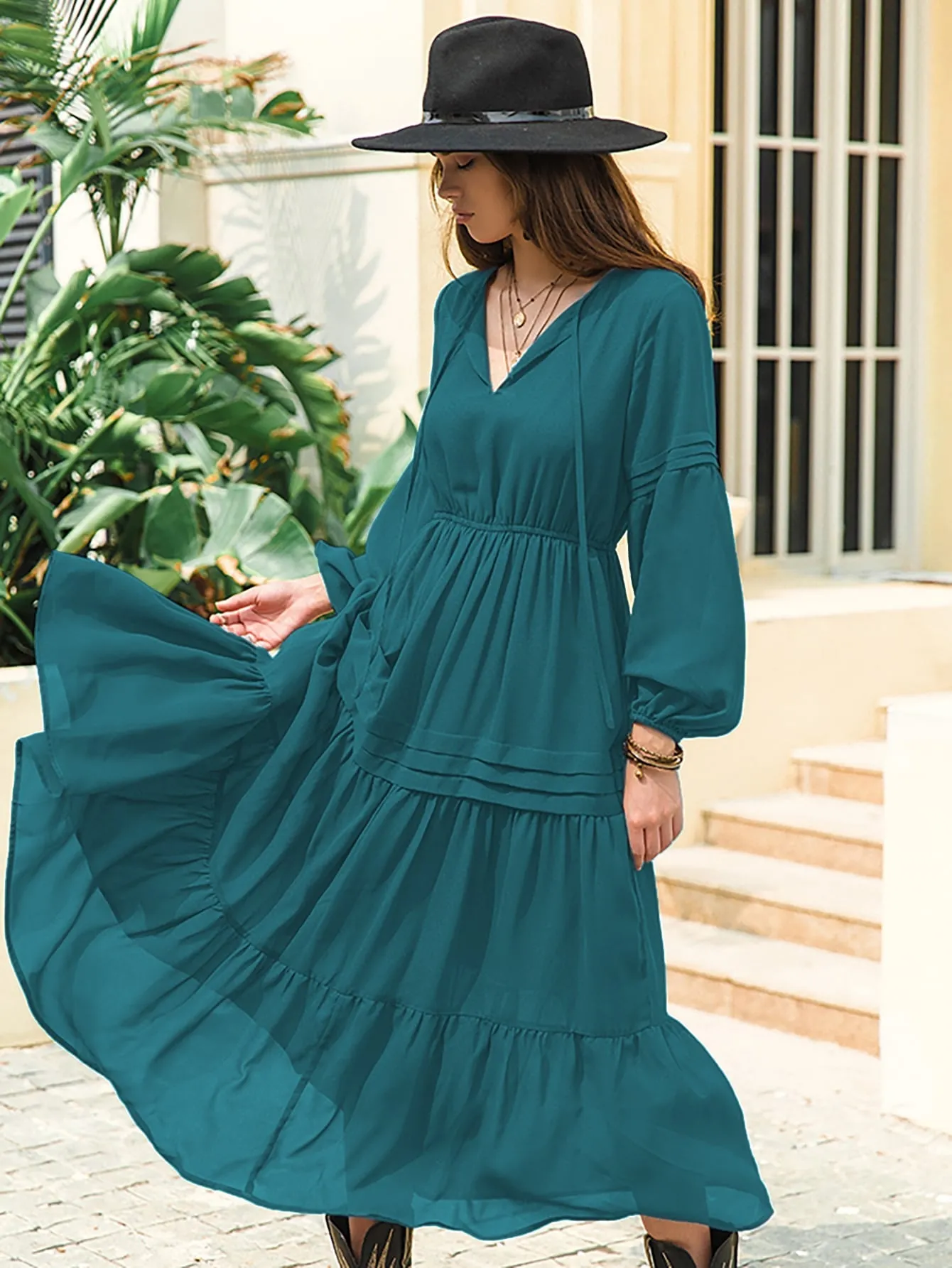 Plain Ruffle Hem Long Sleeve V Neck Flounce High Waist Long Womens Dress